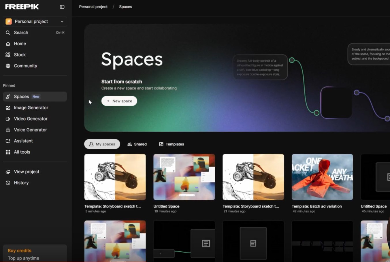 Freepik Spaces — homepage com templates de projetos cinematográficos