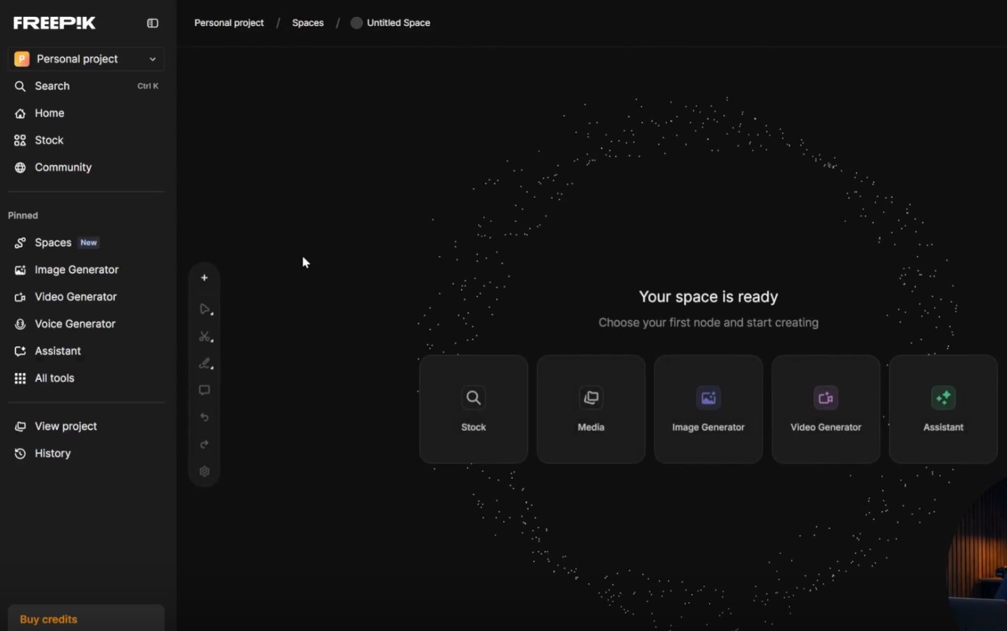 Canvas vazio do Freepik Spaces com seletor de nodes