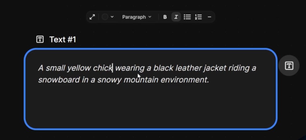 Text Node com prompt cinematográfico no Freepik Spaces