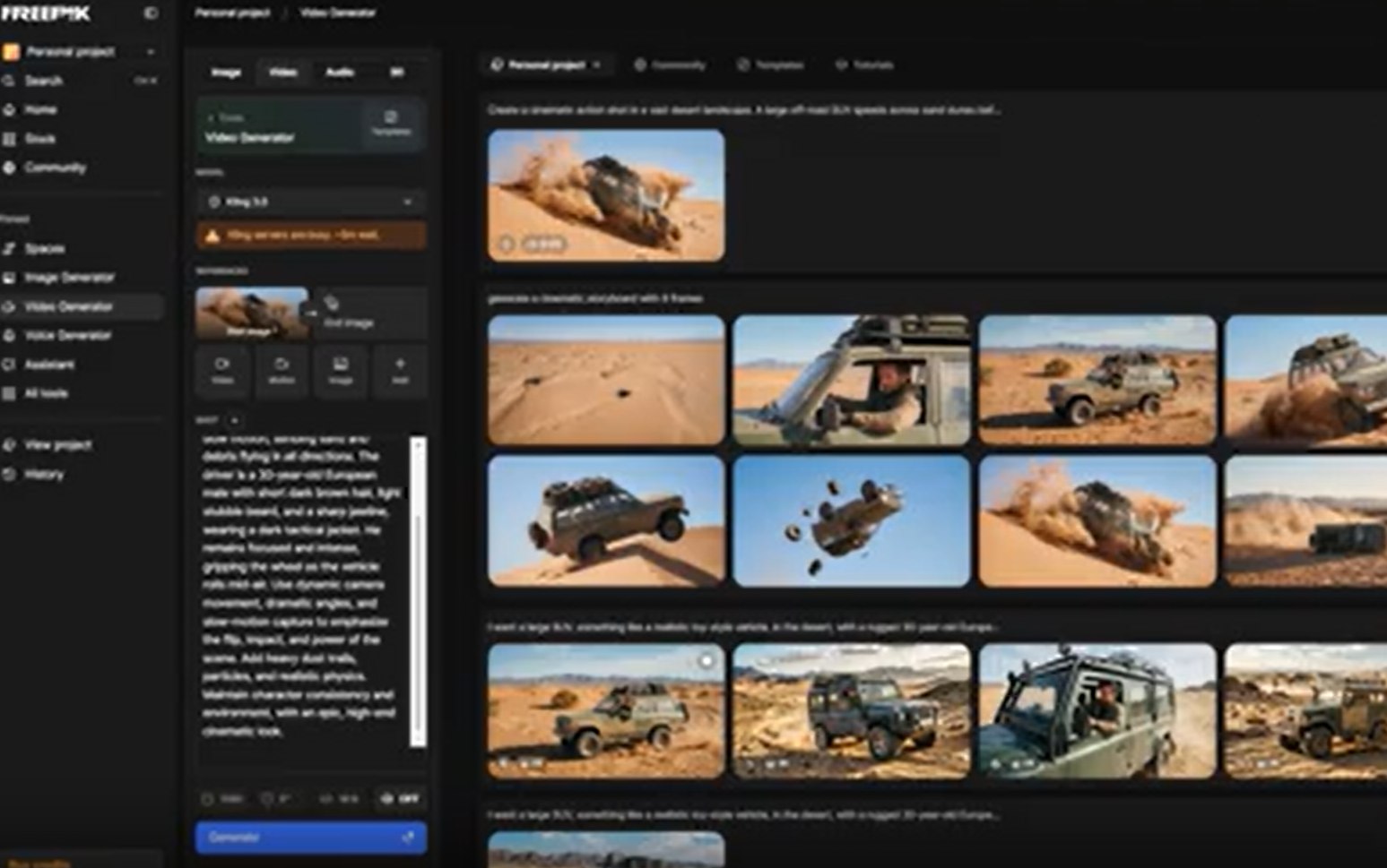 Video Generator com galeria de carros 4x4 — vídeos gerados com IA